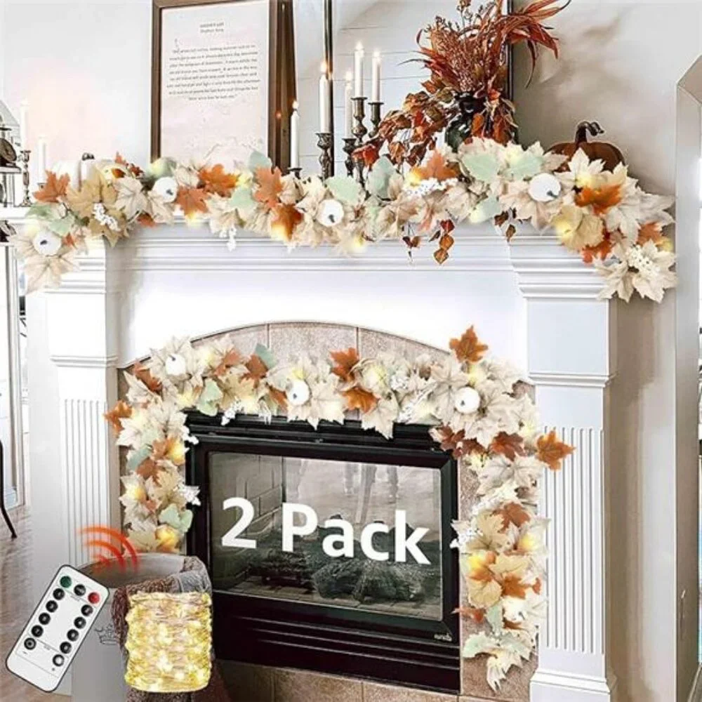Neutral Fall Garland for Mantle Fireplace - 2 Pack 6Ft Outdoor Autumn Leaves